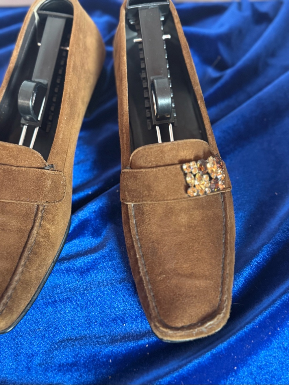 Stuart Weitzman Brown Suede Slip-On Loafers with Jewel Accent - Picture 2 of 10